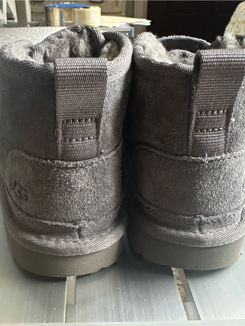 UGG Kids Charcoal Gray Suede Shearling Strap Slippers